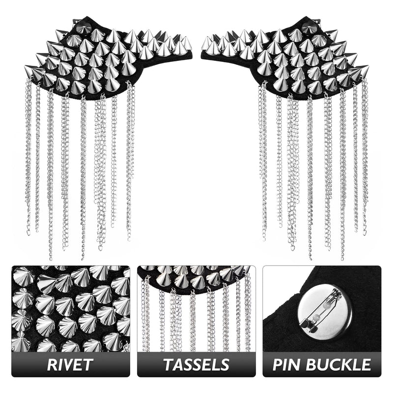 Pair of Rivet Tassel Chain Epaulet Fashion Shoulder Boards Badge Silver