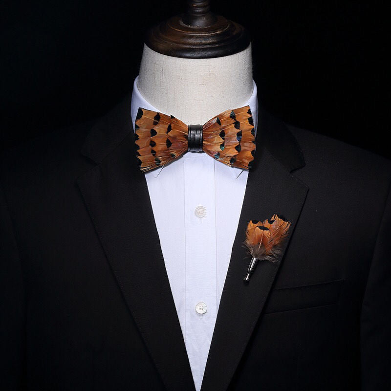 Handmade Natural Feather Bow Tie Red and Tan 2 Style