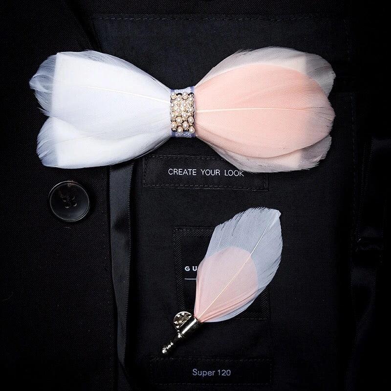 Handmade Natural Feather Bow Tie White and Pink 3 Style