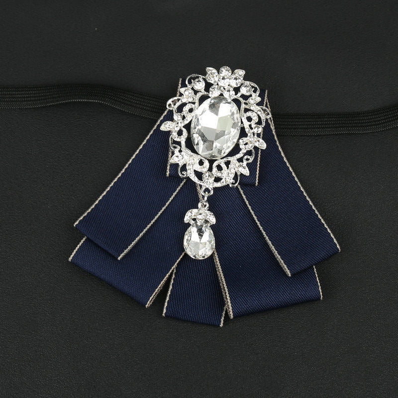 Pretied Bow Tie Lapel Pin Set Silk Handmade Large Vintage Crystal Brooch