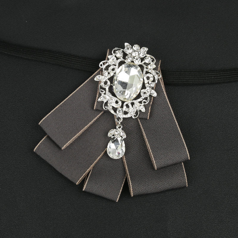 Pretied Bow Tie Lapel Pin Set Silk Handmade Large Vintage Crystal Brooch