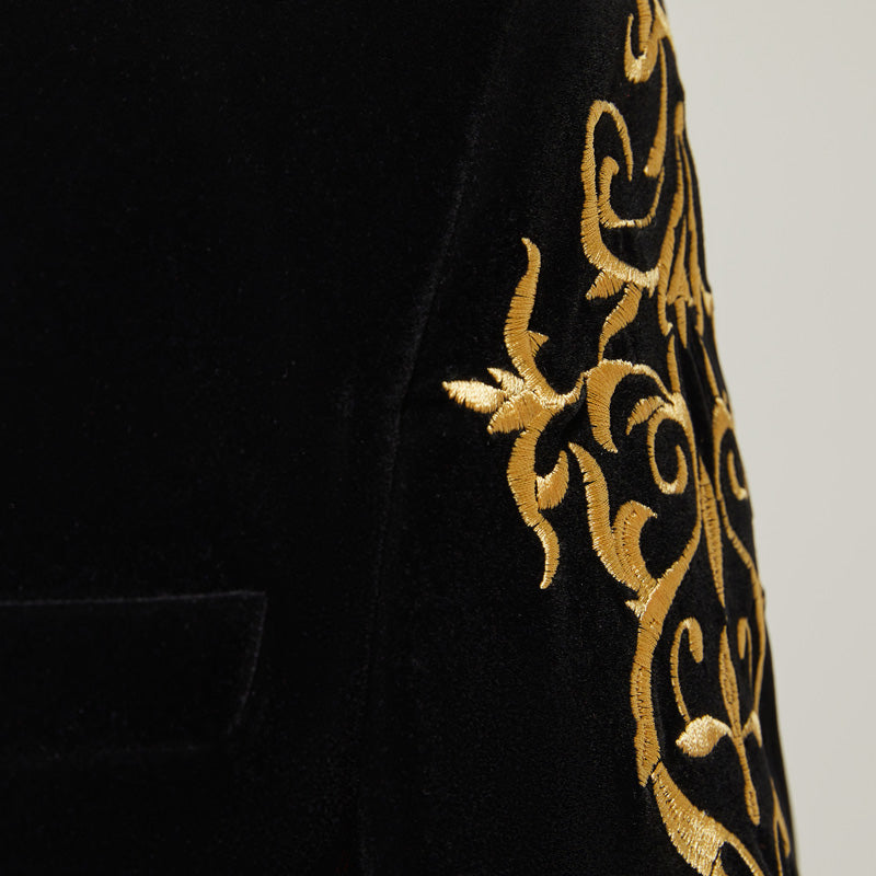 Mens 2-Piece Gold Embroidered Velvet Black Dinner Jacket