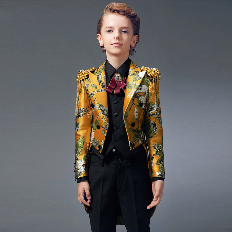 Boy's 3-Piece Suit Embroidered Tuxedo Swallowtail Yellow