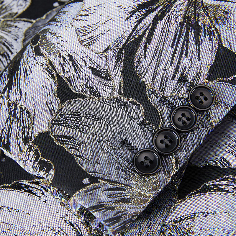 Silver floral print Black tuxedo details