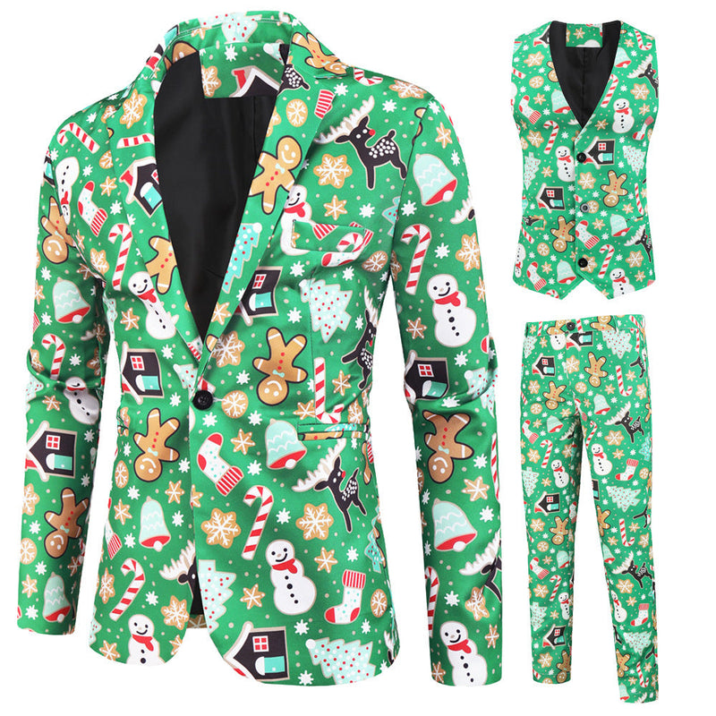 Men's 3-Piece Christmas Gingerbread Man Printed Green Suit