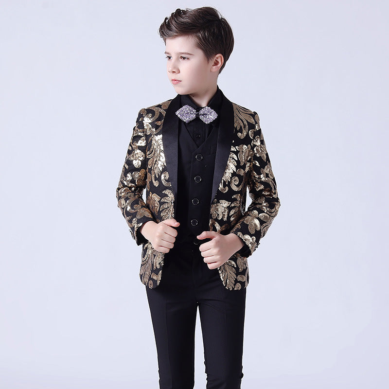 Boy's 3-Piece Suit Sequin Tuxedo Shawl Collar Gold