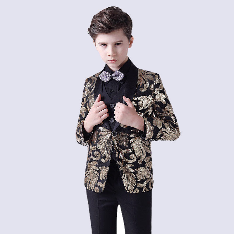 Boy's 3-Piece Suit Sequin Tuxedo Shawl Collar Gold
