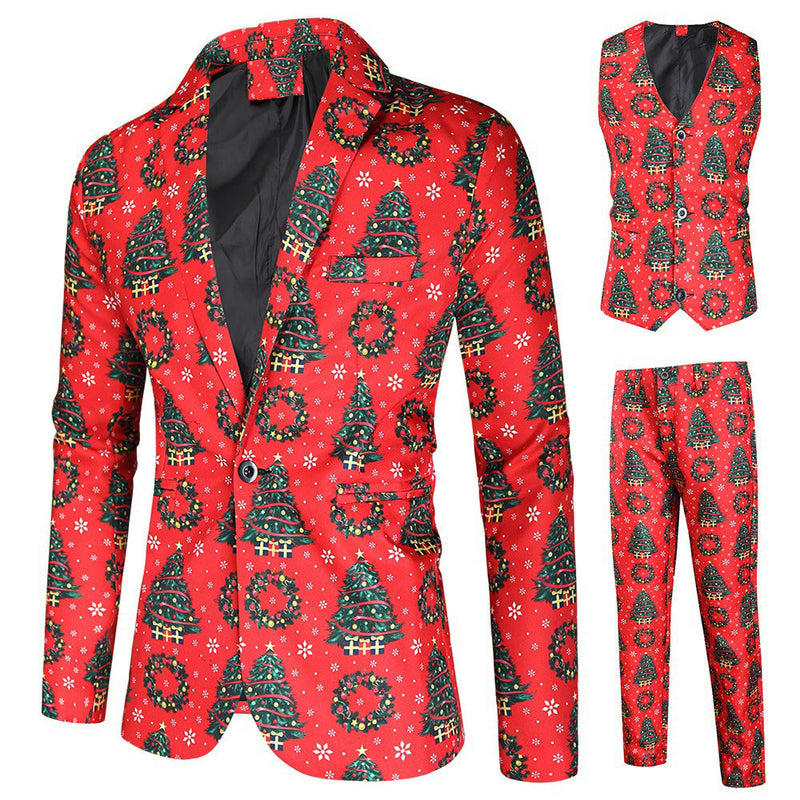Men's 3-Piece Christmas Trees Printed Red Suit