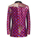 purple and red sequin tuxedo back