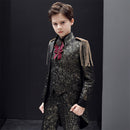 Traje de 3 piezas para niño con esmoquin y lentejuelas, chaqueta larga