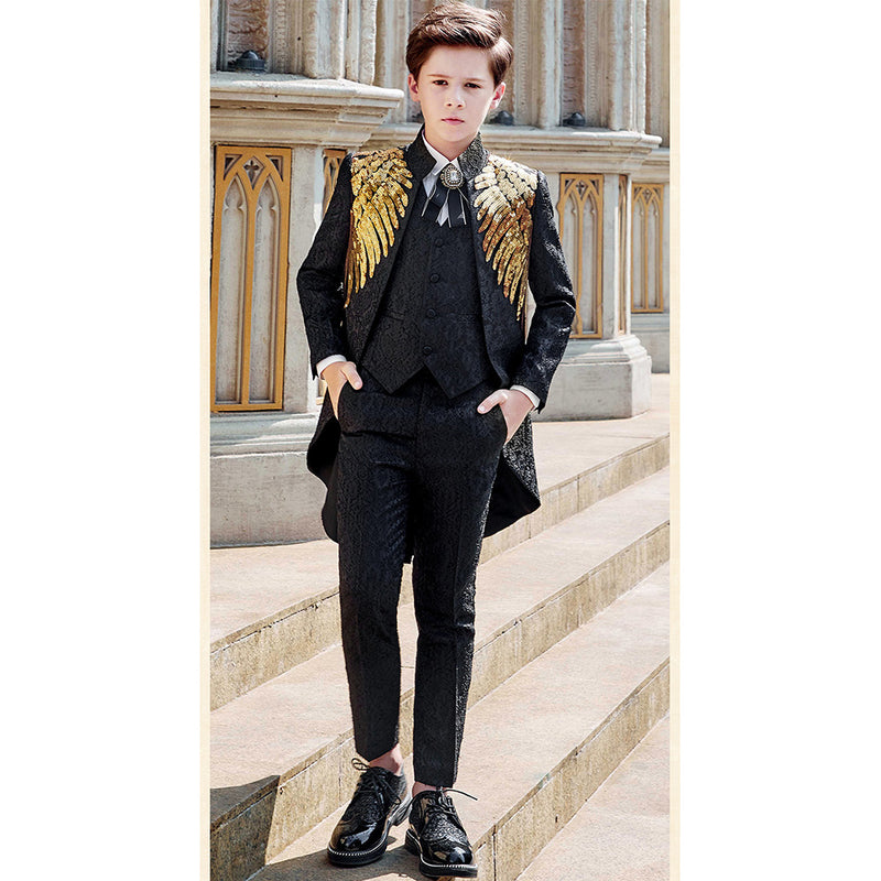 Boy's 3-Piece Suit Jacquard Tuxedo With Gold Wing