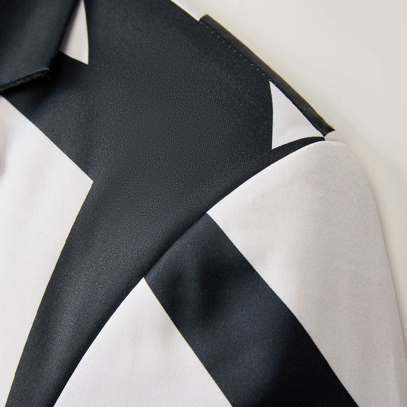 black and white suit details