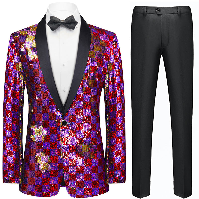 purple and red sequin tuxedo