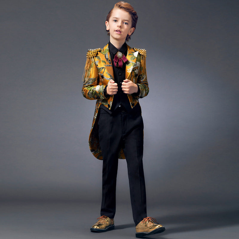Boy's 3-piece Suit Embroidered Tuxedo Swallowtail Yellow Boy's 3-piece Suit Embroidered Tuxedo Swallowtail Yellow