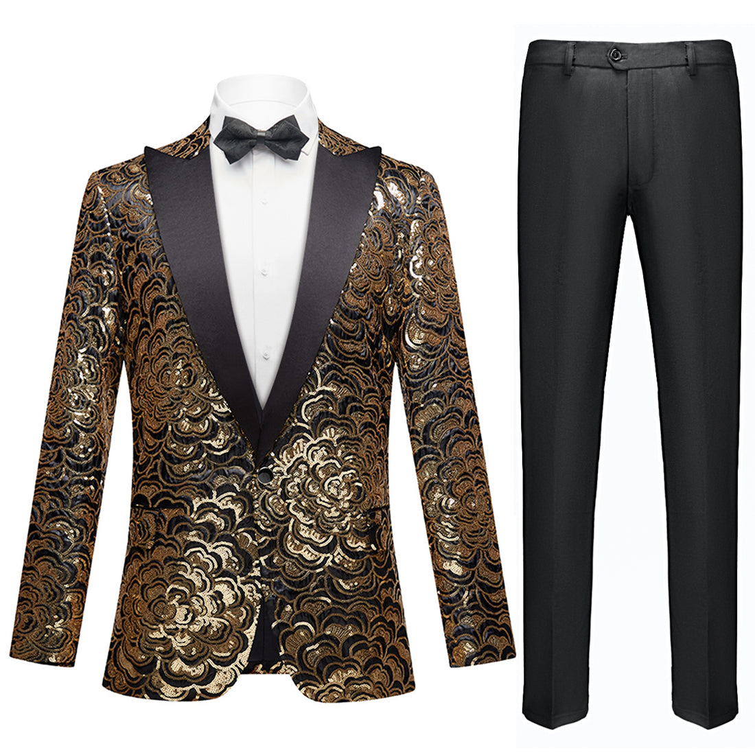 Mens Vested Shiny Diamond Print Tuxedo in Gold main image 1